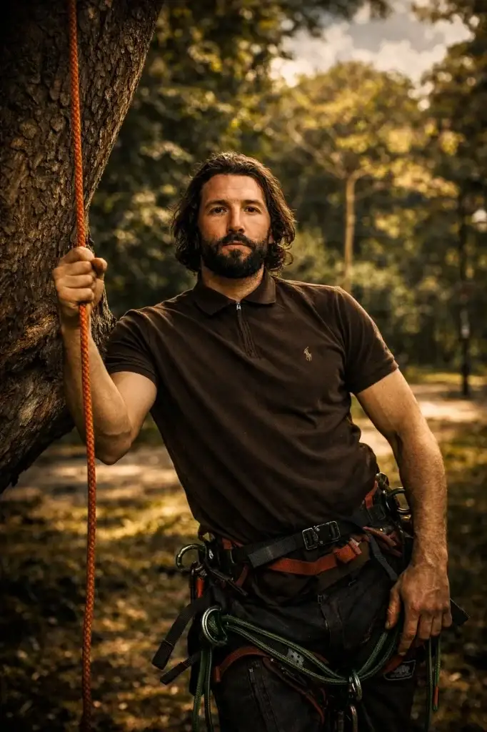 Adam Warkentin, Inhaber von Baumkrieger, mit Kletterausrüstung im Wald